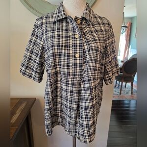 COS Women's Size 8 Short Sleeve Plaid Shirt Ivory Navy Blue Check Casual